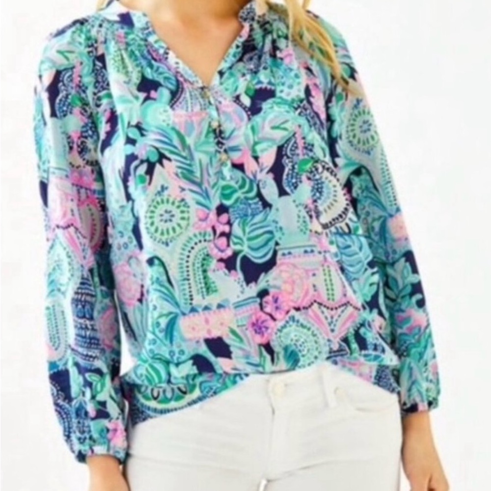 LILLY PULITZER Elsa Top, Size Large, 100% Silk, MULTI LOOKIN SHARP